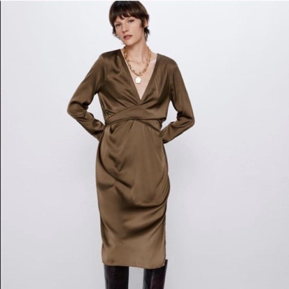 NWT Zara Brown satin effect long sleeve v-neck tie waist relaxed fit midi dress